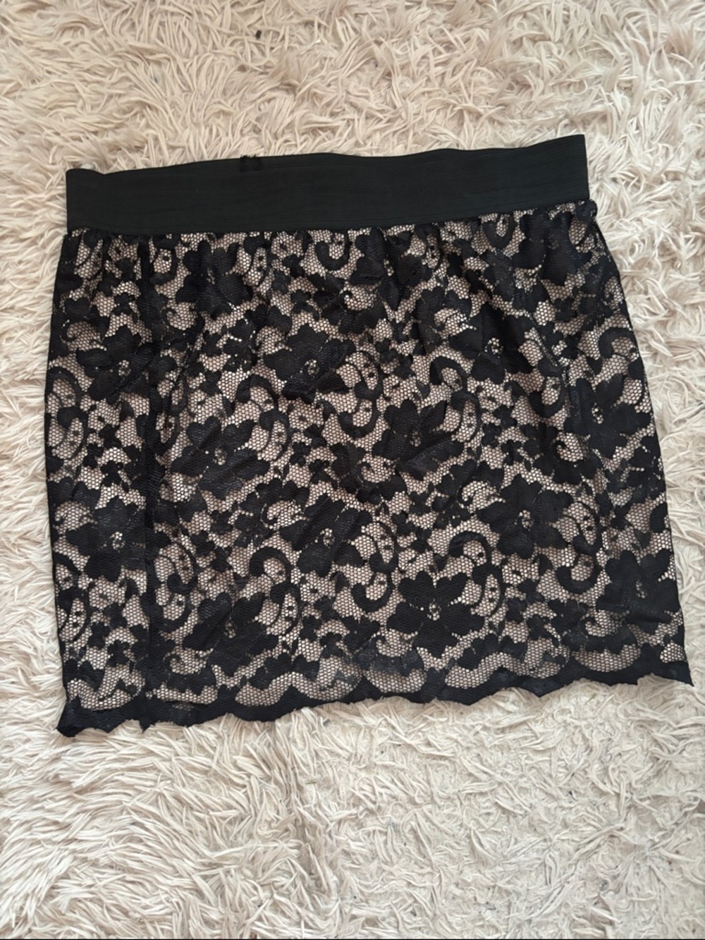 Black Floral Lace Mini Skirt with Nude Lining